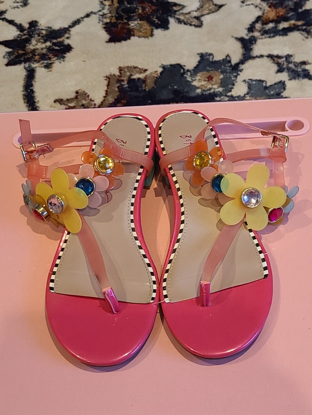 Betsey Johnson Pink Floral Jelly T-Strap Sandals with Multi Gem Flowers